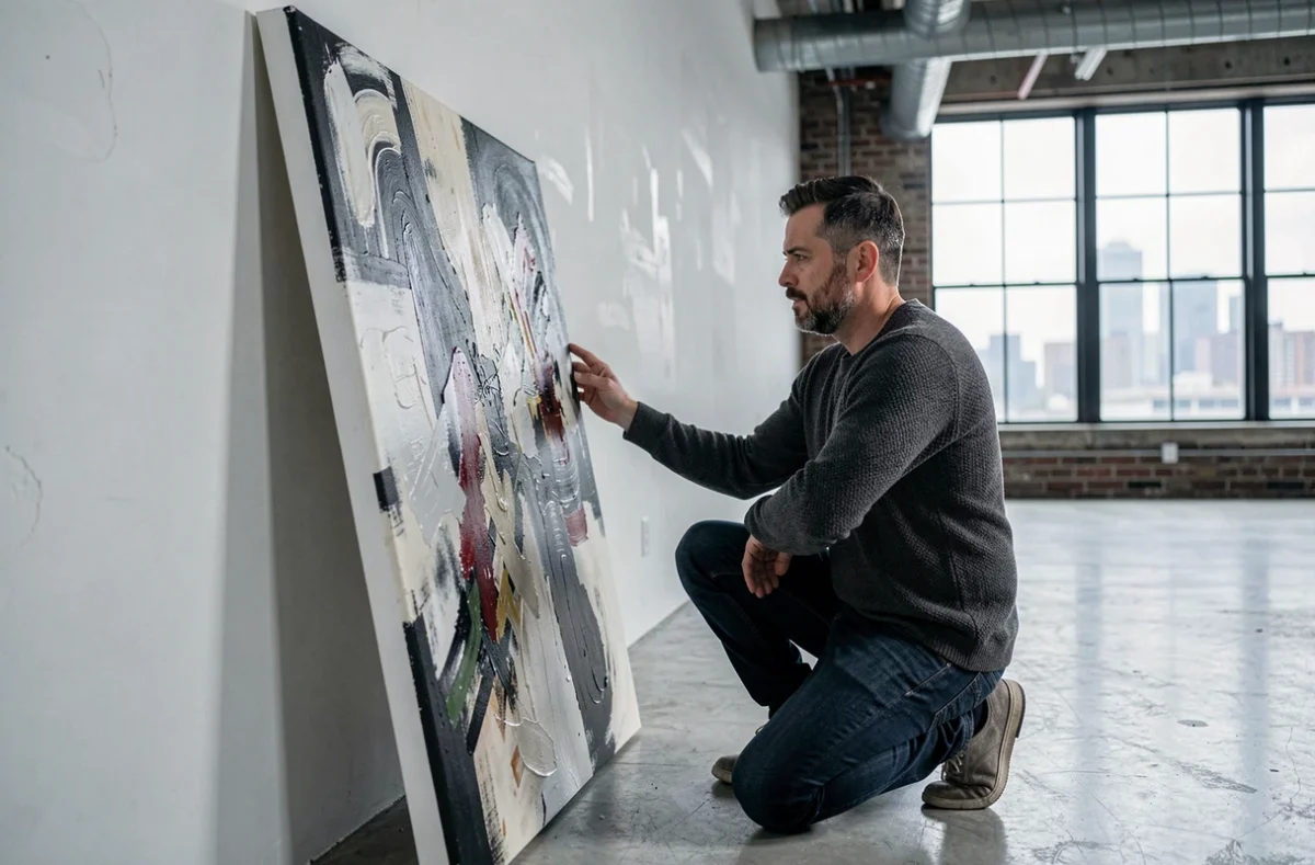 Homme positionnant un tableau abstrait contre un mur blanc dans un loft industriel avec sol en béton et grandes fenêtres