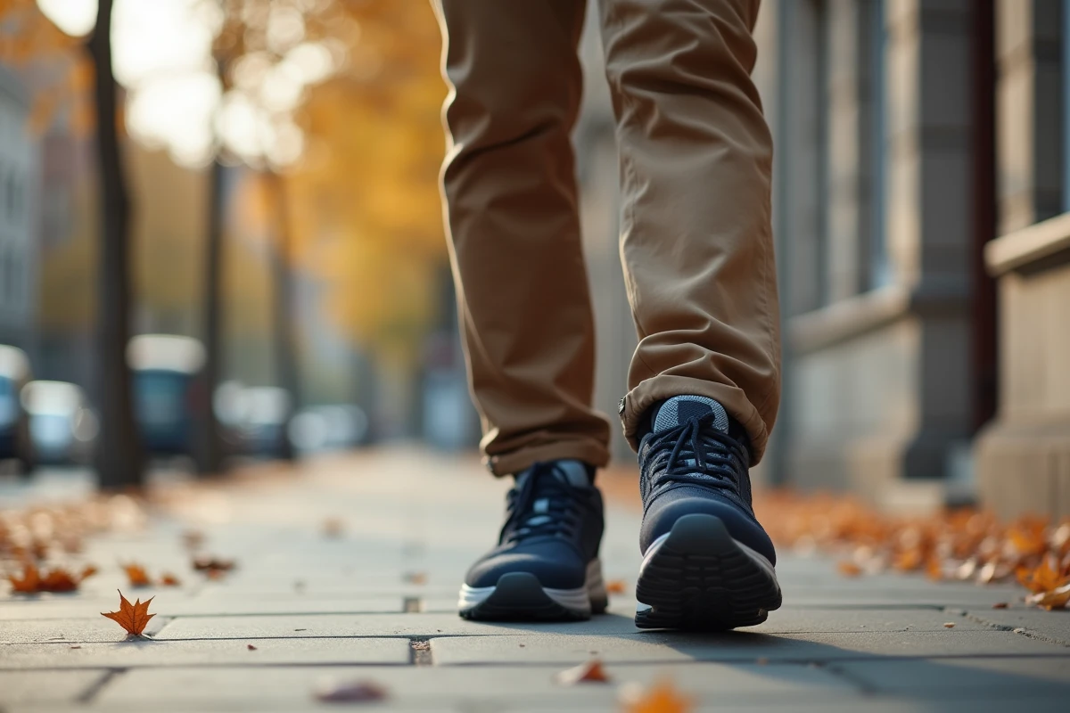 Homme âgé marchant confortablement sur un trottoir urbain grâce à des chaussures larges et rembourrées adaptées à l'hallux rigidus