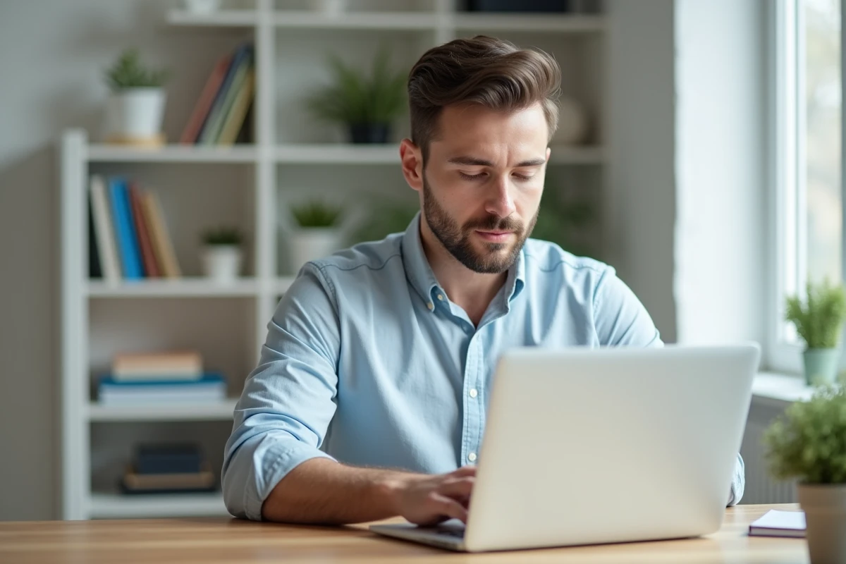 Homme utilisant son ordinateur portable pour partager un lien de parrainage Zalando Privé depuis son bureau à domicile