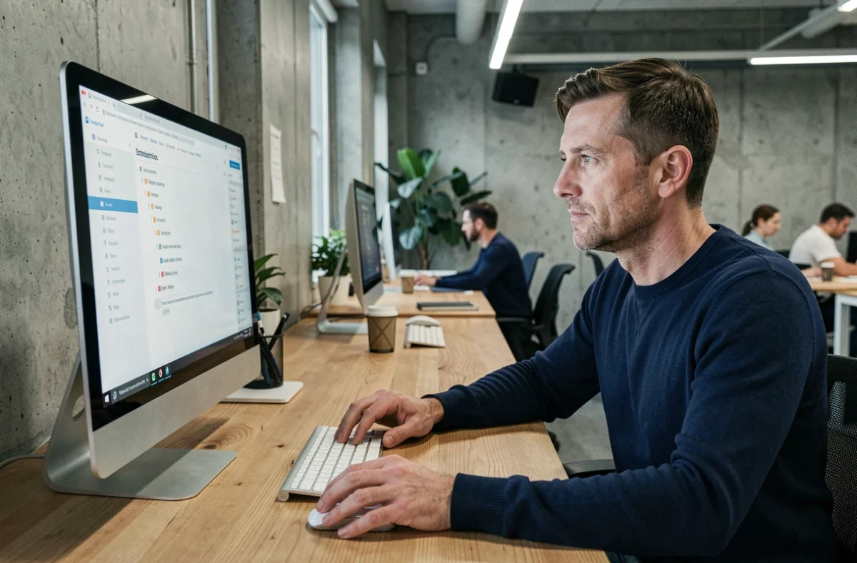 Homme consultant le plan du site Marie Carotte dans un espace de coworking moderne