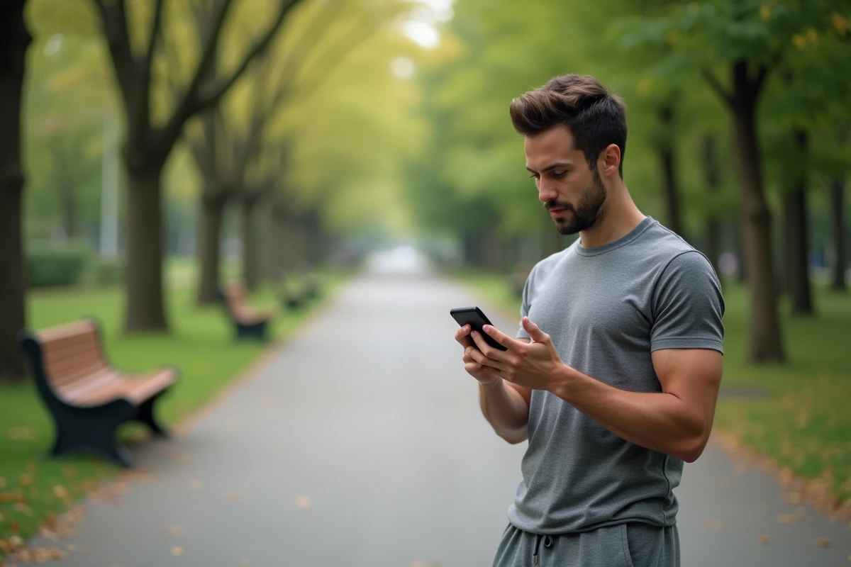 Homme consultant un quiz sportif sur smartphone dans un parc pour trouver le sport adapté à son profil