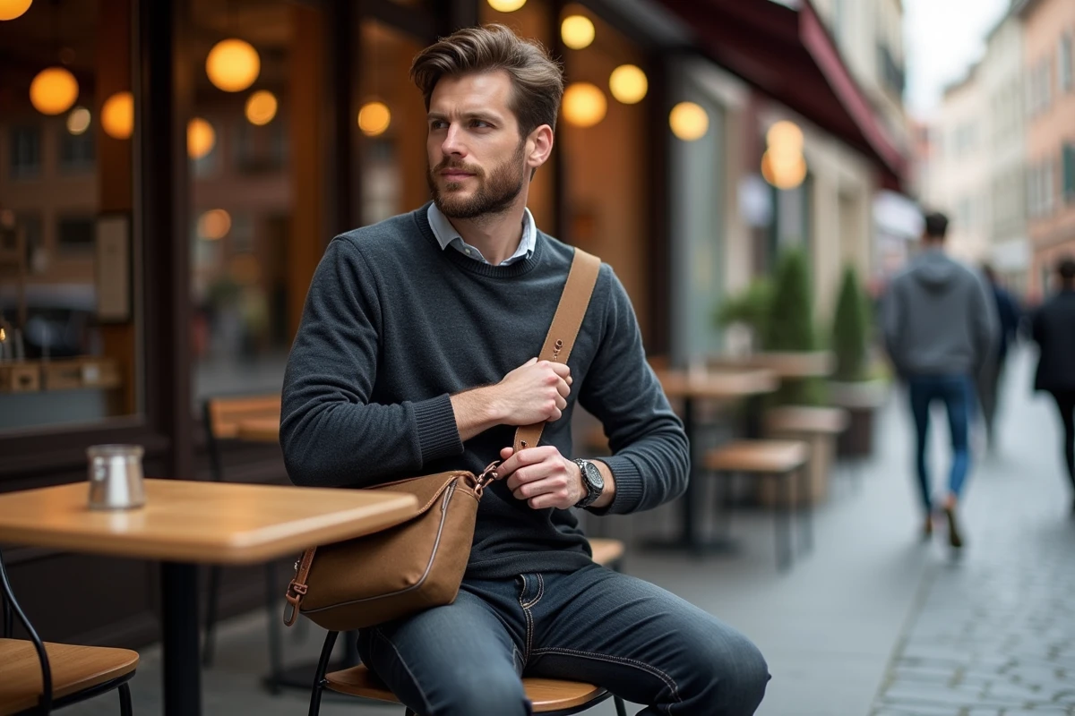 Homme ajustant la bandoulière amovible d'un sac de type messager en terrasse de café
