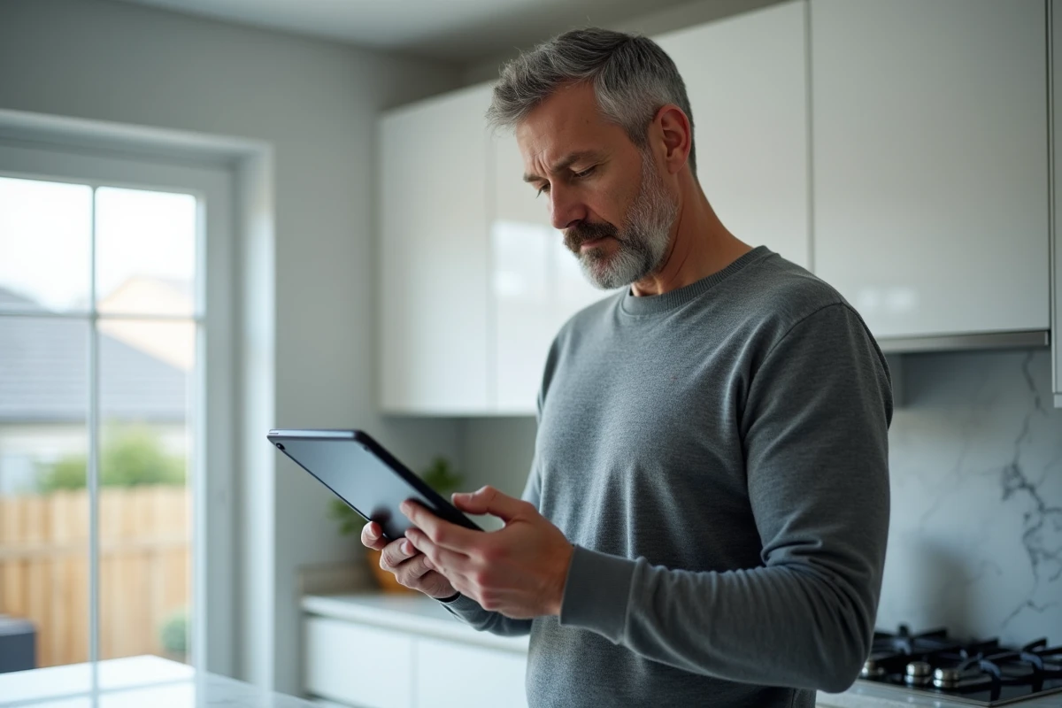 Homme utilisant une tablette dans sa cuisine pour s'inscrire sur la plateforme G Trouvé et effectuer ses démarches administratives