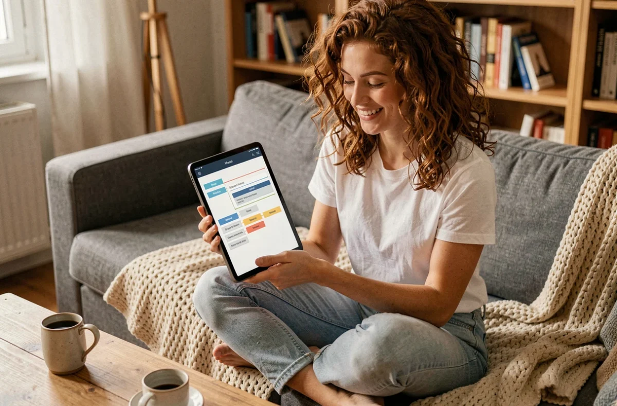 Jeune femme explorant le plan du site Marie Carotte sur une tablette dans son salon