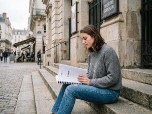 Jeune femme lisant un script devant un théâtre à Nantes