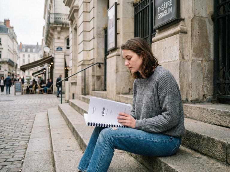 Jeune femme lisant un script devant un théâtre à Nantes