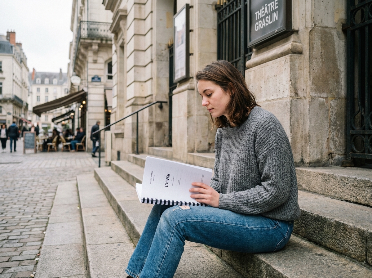 Jeune femme lisant un script devant un théâtre à Nantes