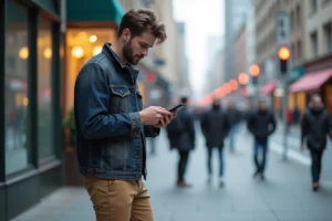 Jeune homme dans la ville regardant son téléphone