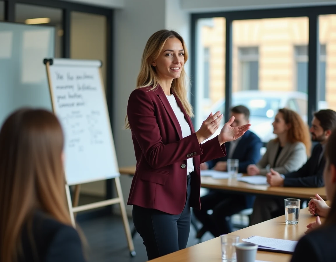 Femme entrepreneure animant un atelier de mentorat professionnel pour femmes en affaires