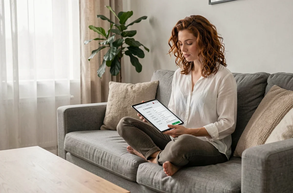 Jeune femme gérant ses paramètres de confidentialité sur une tablette Amazon depuis son salon
