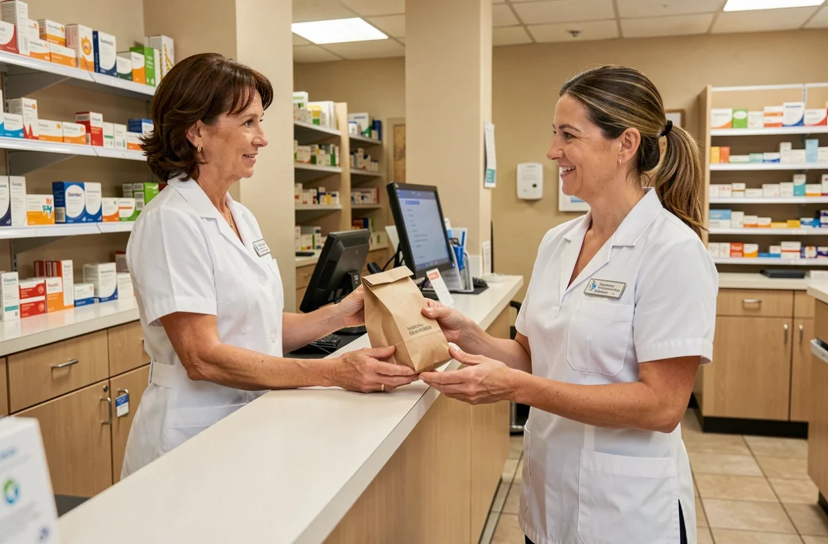 Pharmacienne conseillant une cliente au comptoir d'une officine moderne