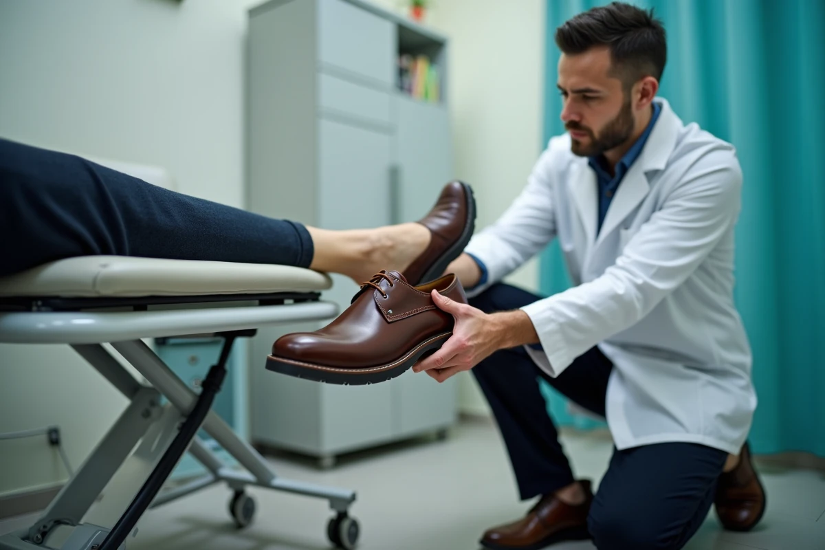 Podologue tenant une chaussure à semelle rockeur recommandée pour l'hallux rigidus lors d'une consultation médicale