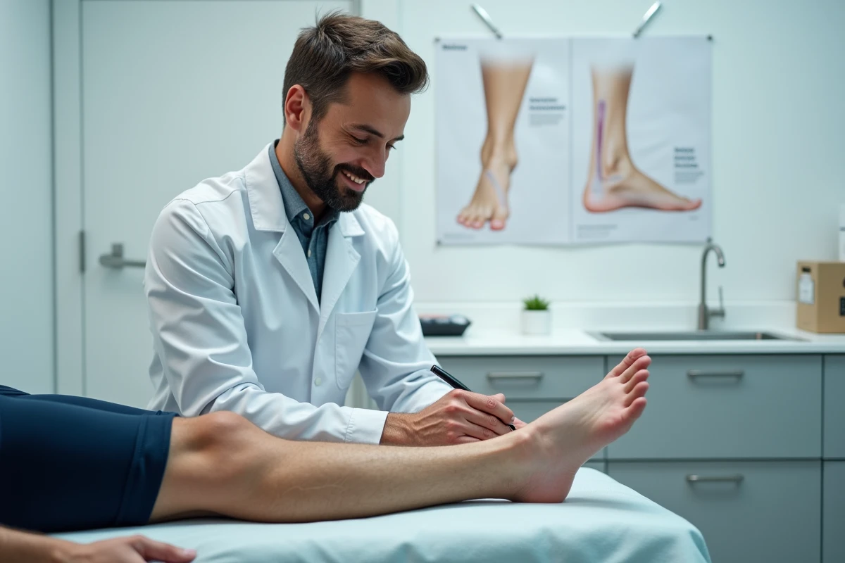 Podologue traitant la corne sous le pied d'un sportif dans un cabinet de podologie moderne