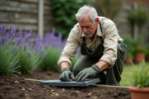 Homme posant un piquet de schiste dans la bordure d'un jardin fleuri avec des gants de travail