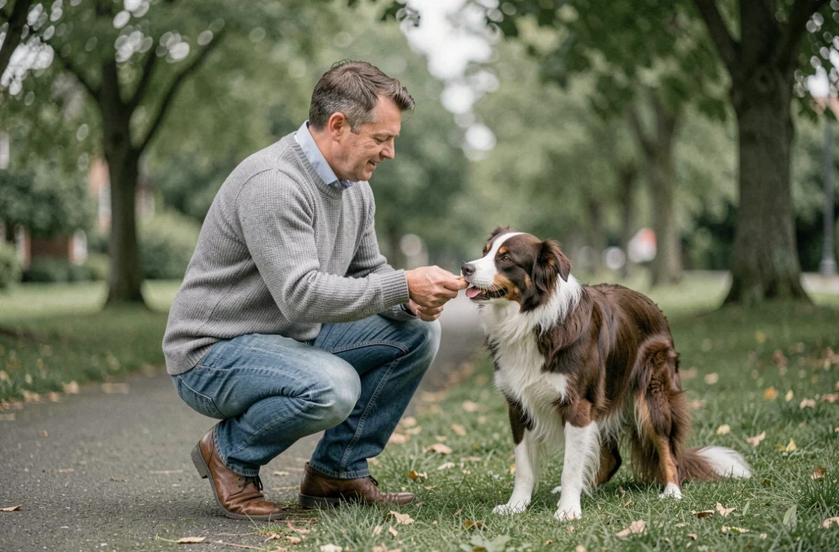 Propriétaire promenant son chien border collie en convalescence après une ablation de la rate dans un parc