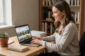 Femme cherchant des offres de location immobilière sur un ordinateur portable dans un bureau à domicile