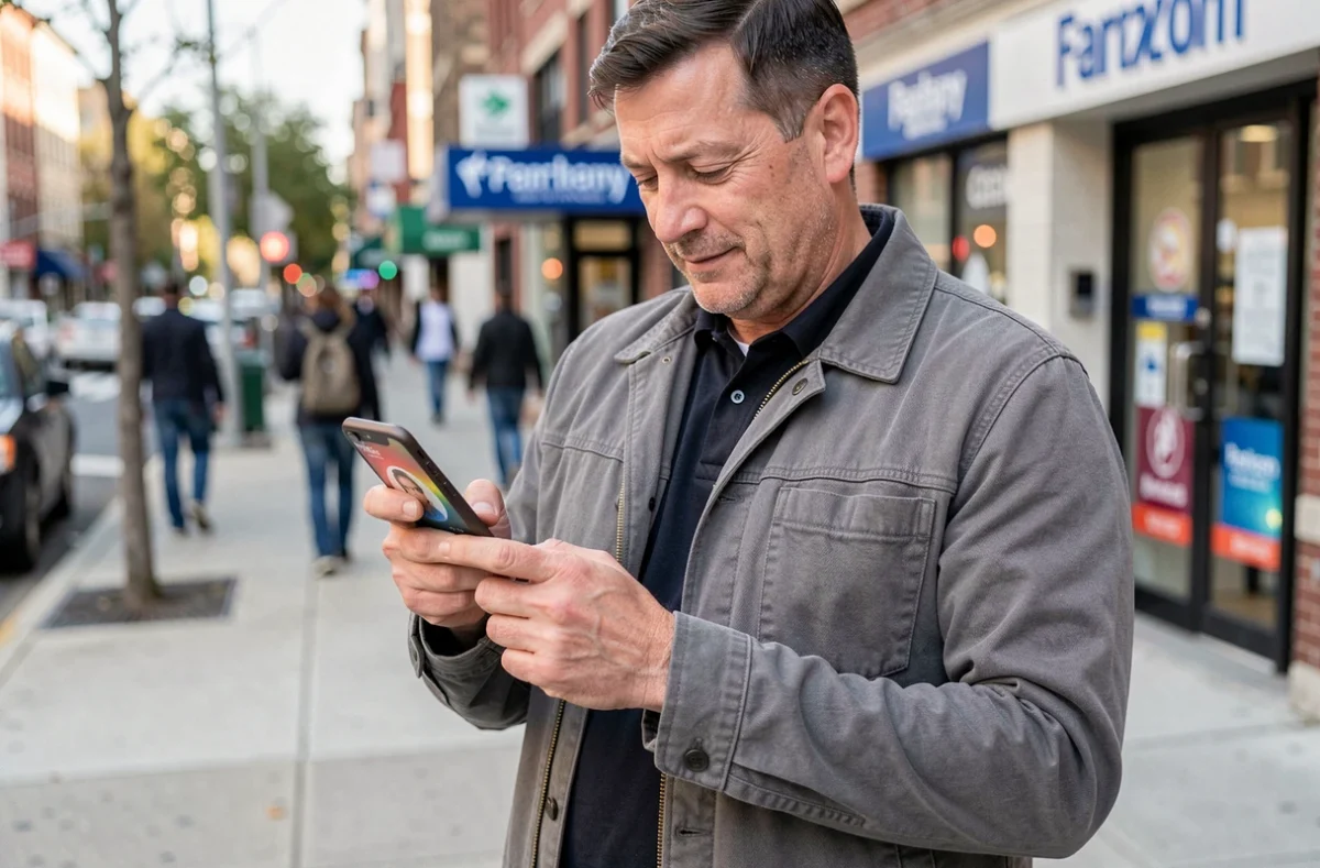Homme recherchant un professionnel de santé sur son smartphone dans une rue urbaine