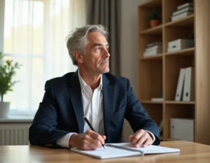 Dirigeant en reconversion professionnelle assis à son bureau, carnet ouvert devant lui, regard tourné vers l'avenir