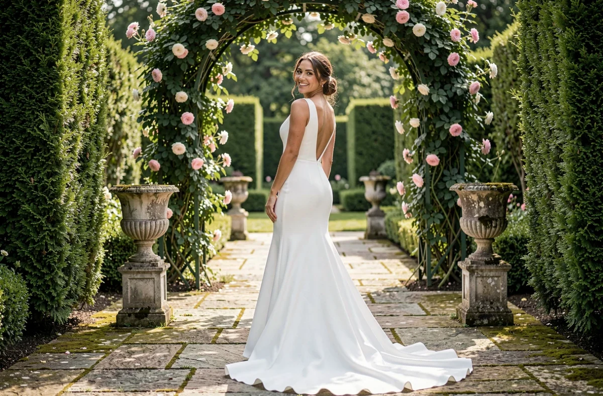 Mariée en robe de mariée crêpe dos ouvert avec traîne cathédrale dans un jardin fleuri romantique