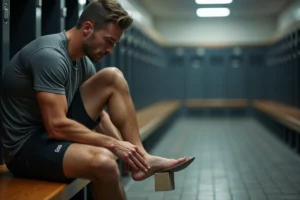 Sportif appliquant une pierre ponce sur la corne de son pied dans un vestiaire après l'entraînement