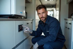 Technicien inspectant un code erreur sur un chauffage Truma Combi à l'intérieur d'un camping-car