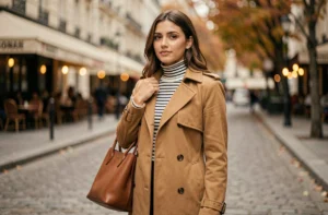 Femme élégante en trench camel sur une rue parisienne pavée, illustrant les tendances mode automne-hiver