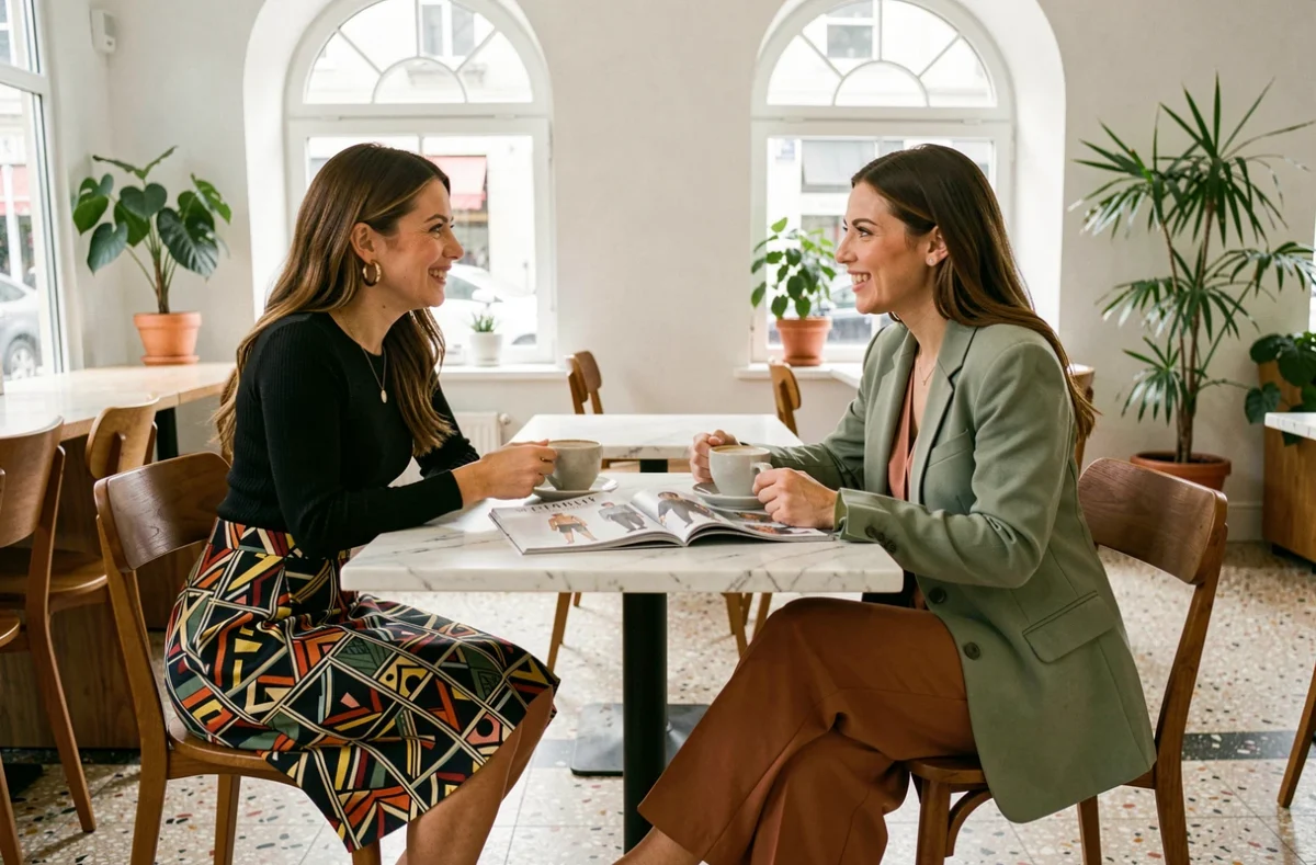 Deux femmes stylées discutant de tendances mode autour d'un café, portant des tenues colorées et contemporaines