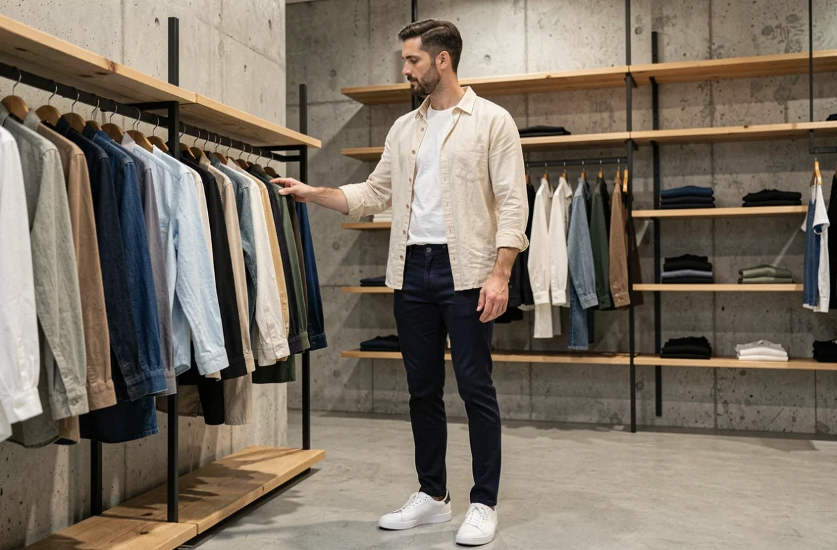 Homme en tenue casual chic composée d'un overshirt en lin et jean indigo dans un concept store minimaliste moderne
