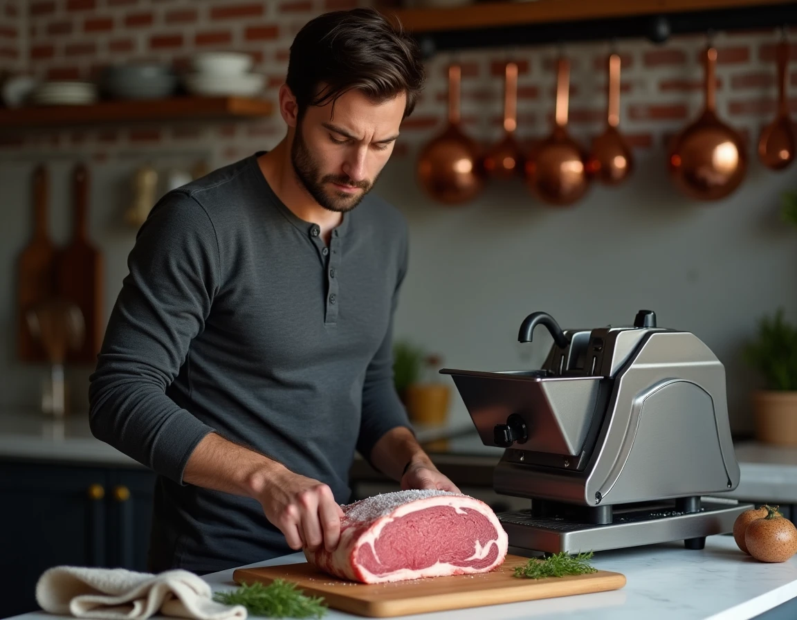 Homme utilisant une trancheuse électrique pour couper un rôti de bœuf congelé sur un comptoir en inox