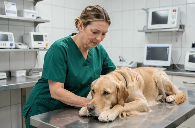 Vétérinaire examinant un golden retriever après une ablation de la rate dans une clinique vétérinaire