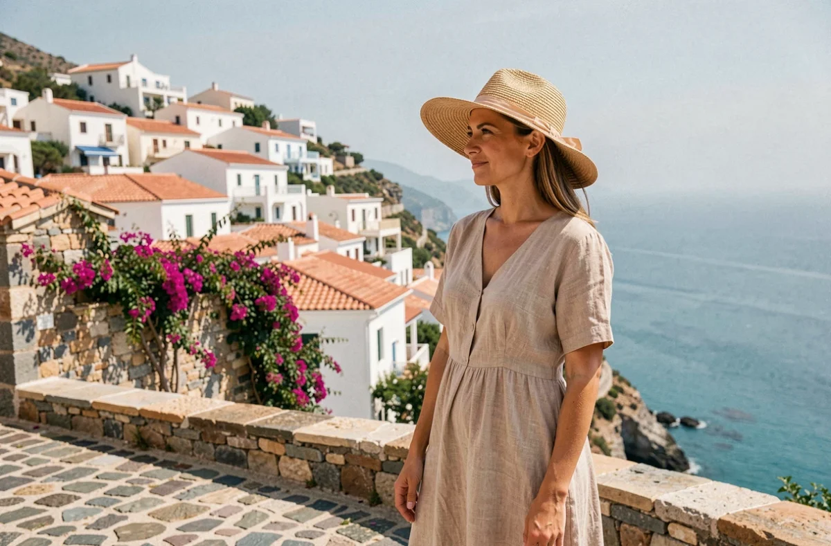 Voyageuse en robe de lin contemplant un village méditerranéen blanc et une baie turquoise depuis une place en pavés